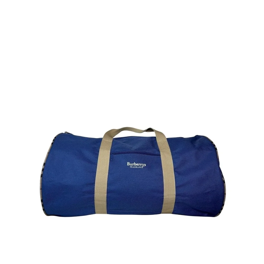 Burberrys Fragrance Vintage Blue Canvas Duffel Bag Nova Check Trim Travel Barrel